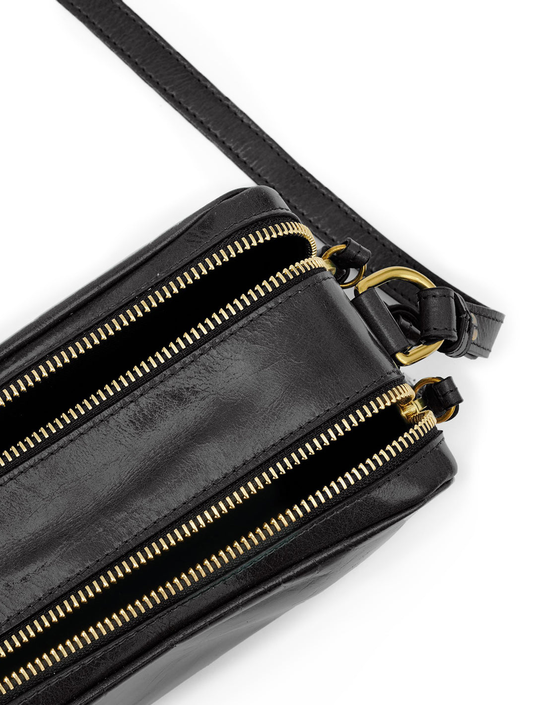 Close-up overhead view of Isabel Marant Etoile's wardy camera bag in black.