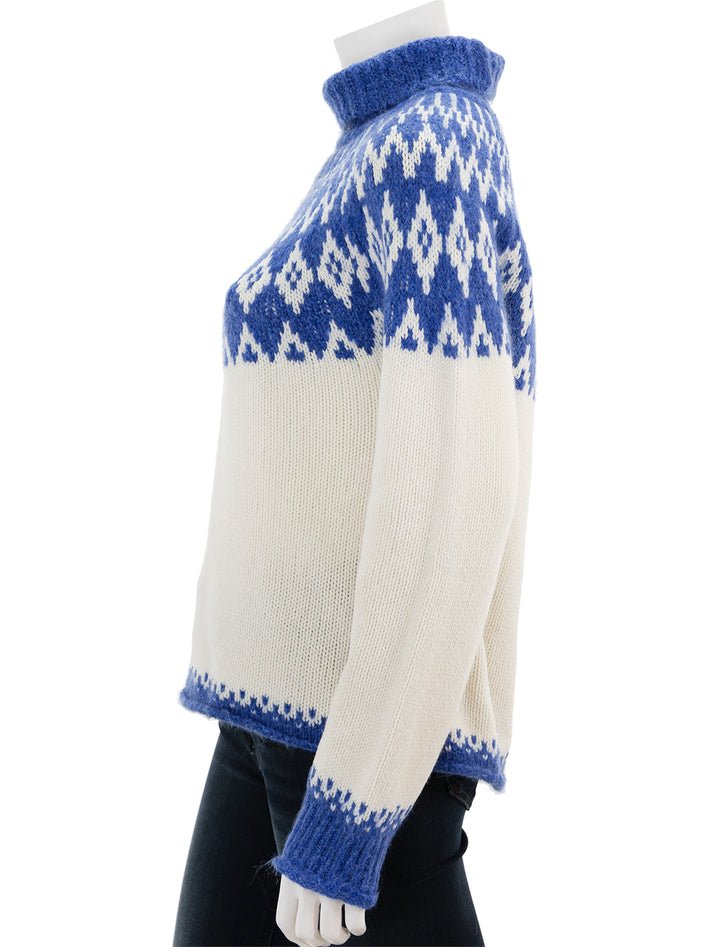 Side view of Alex Mill's bailey fair isle turtleneck in blue combo.