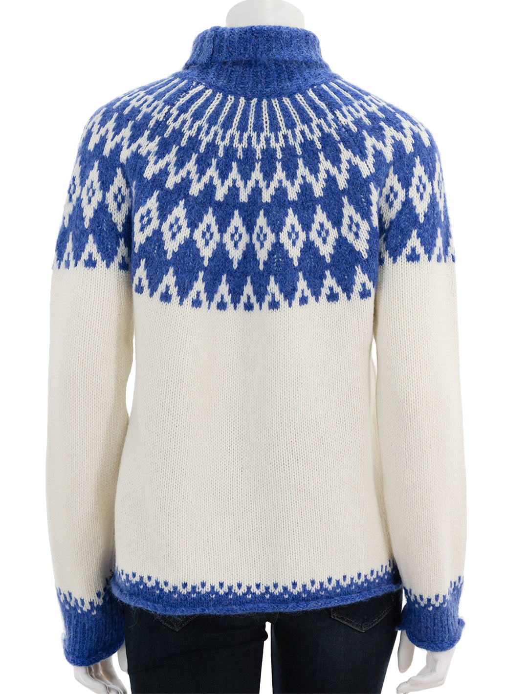 Back view of Alex Mill's bailey fair isle turtleneck in blue combo.