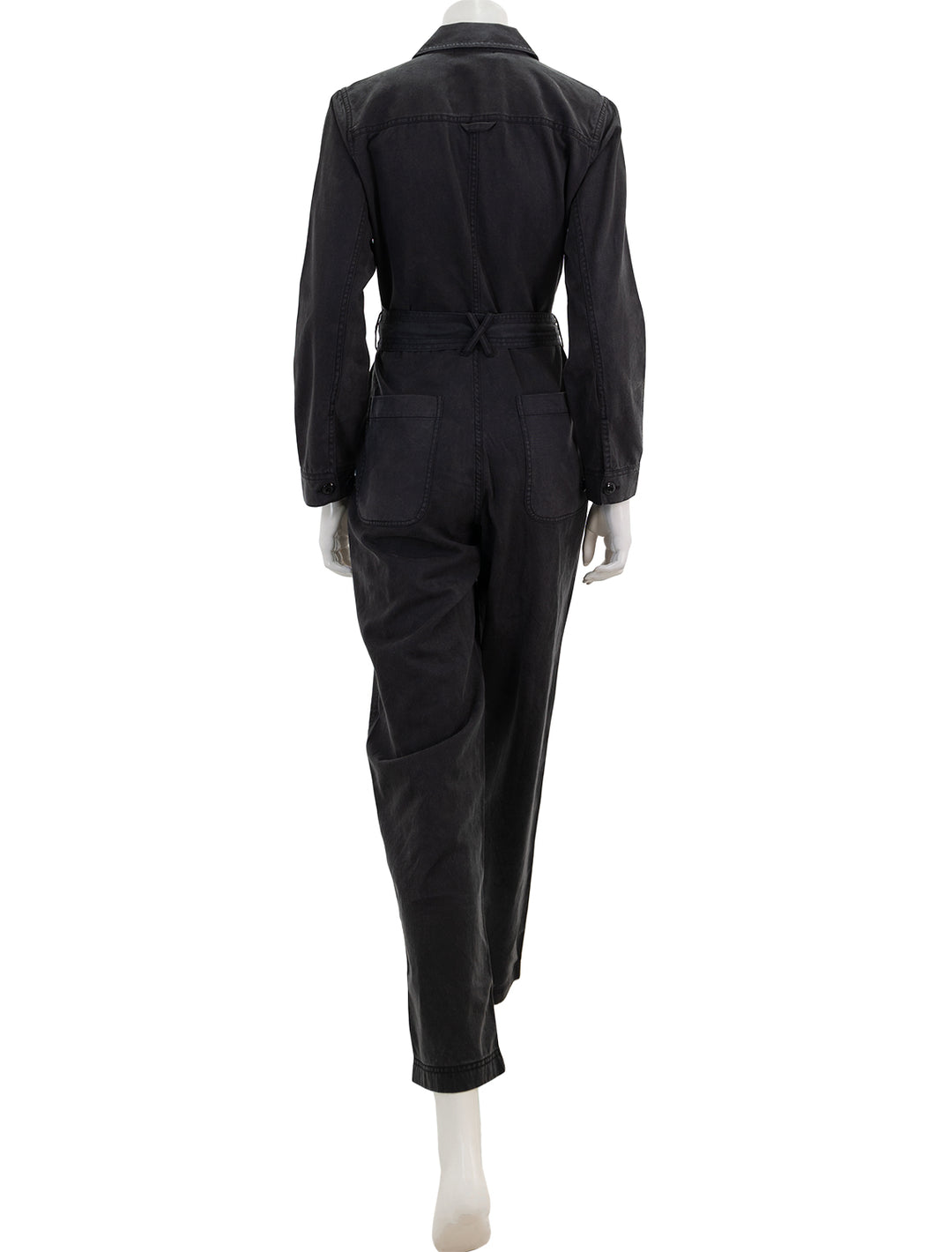 Back view of Alex Mill's standard zip jumpsuit in black.