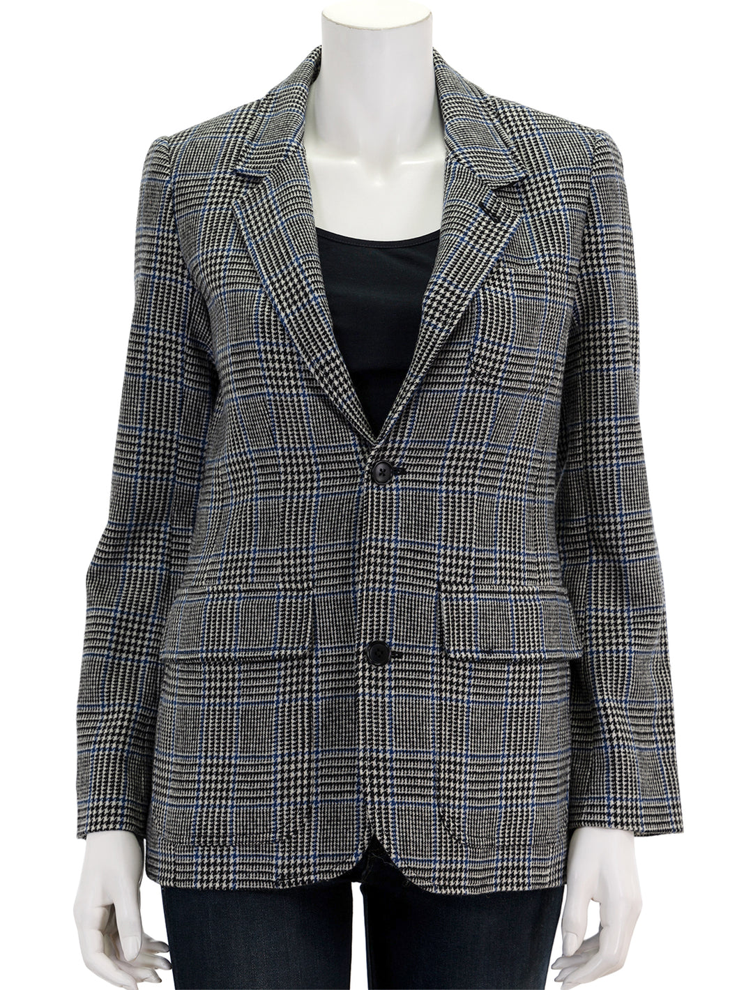 Front view of Alex Mill's blazer in grey and blue houndstooth, buttoned.
