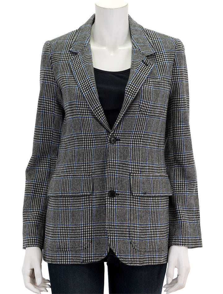 Front view of Alex Mill's blazer in grey and blue houndstooth, buttoned.