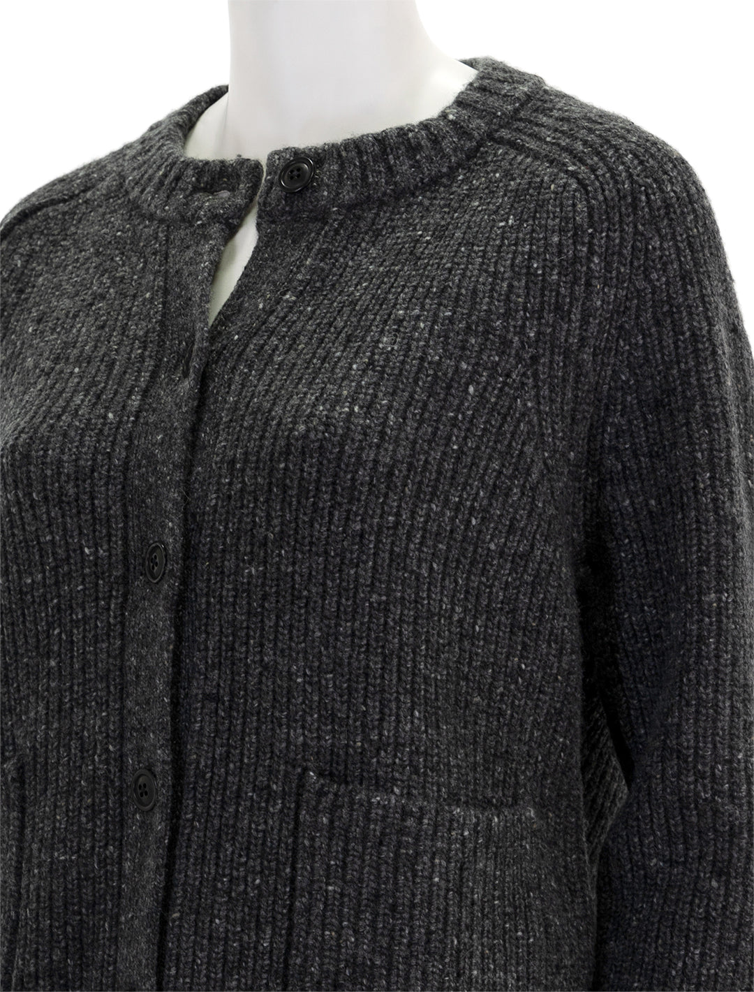 Close-up view of Alex Mill's chunky rib cardigan in charcoal donegal.