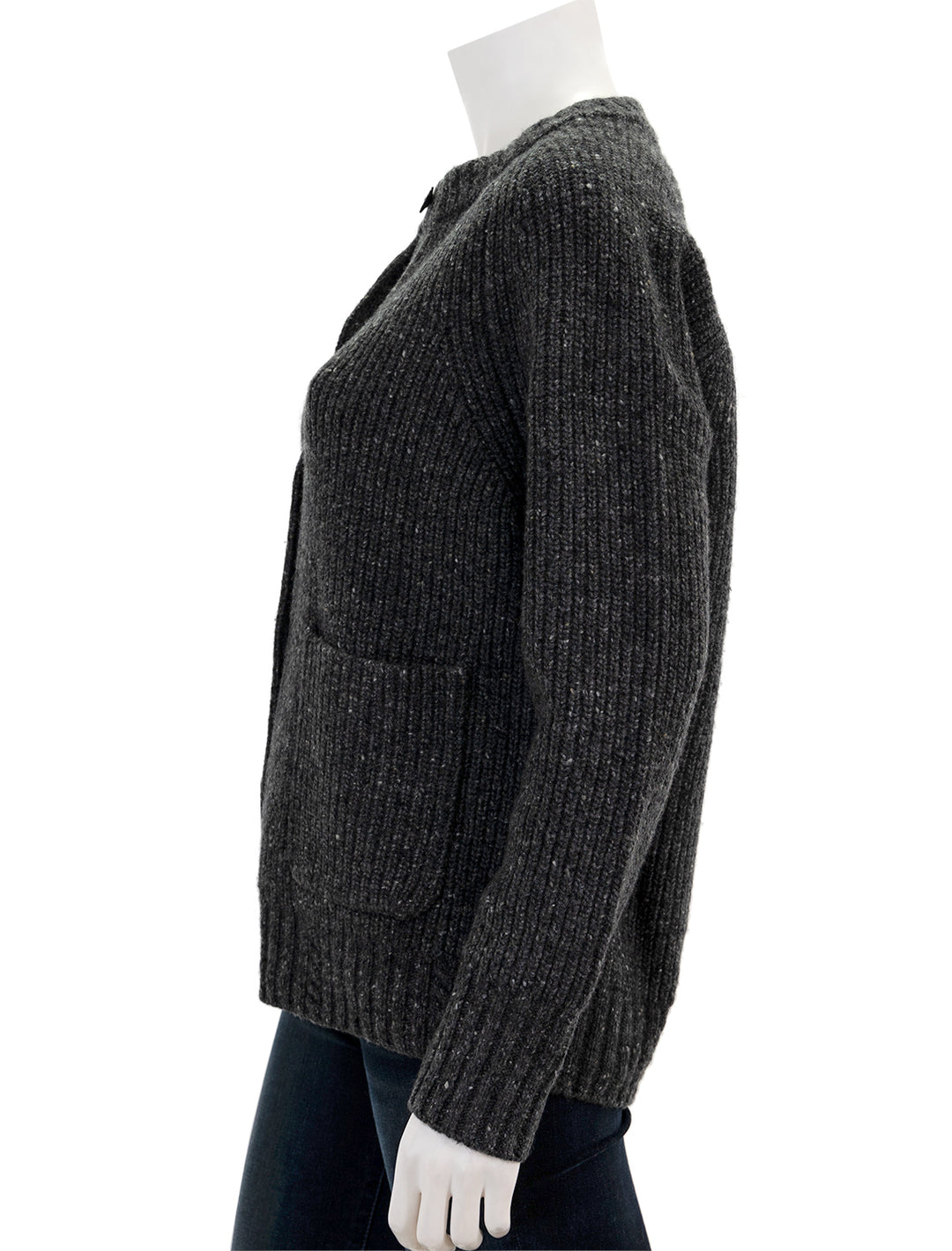 Side view of Alex Mill's chunky rib cardigan in charcoal donegal.