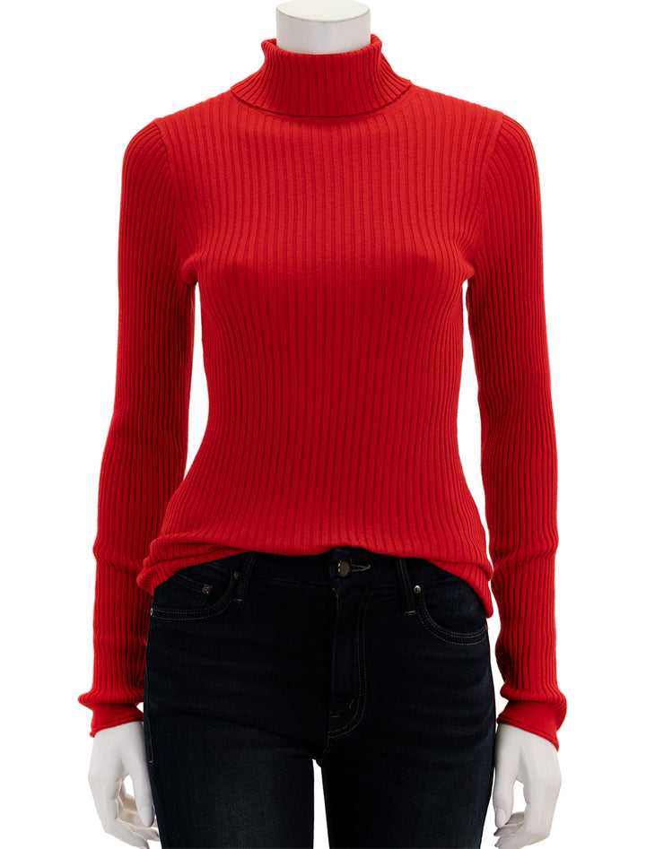 Front view of Alex Mill's cristy ribbed turtleneck in red.