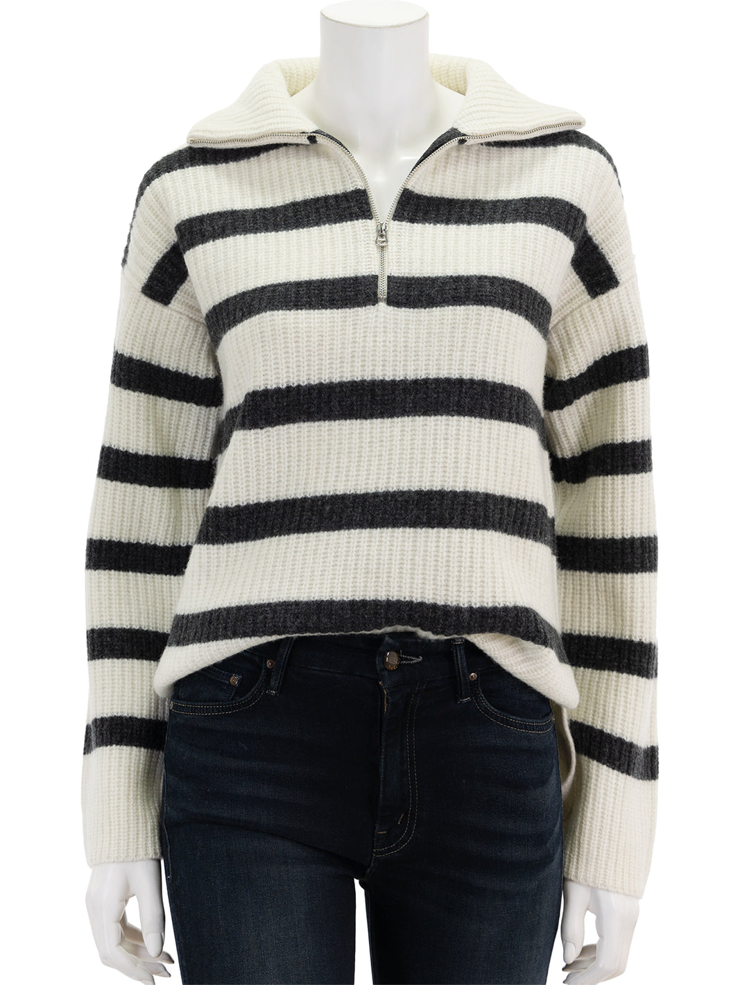Front view of Alex Mill's felix zip merino pullover in ivory and charcoal stripe.