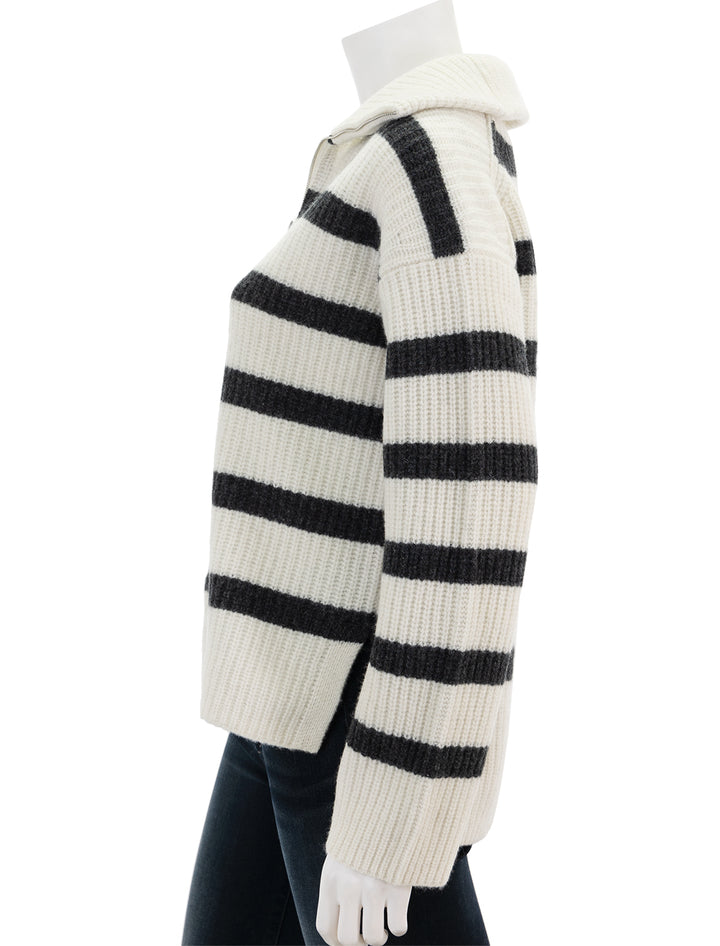 Side view of Alex Mill's felix zip merino pullover in ivory and charcoal stripe.