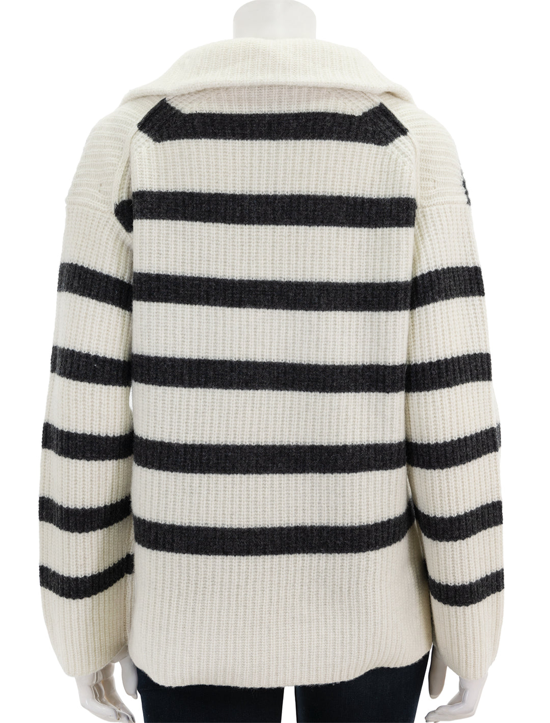 Back view of Alex Mill's felix zip merino pullover in ivory and charcoal stripe.