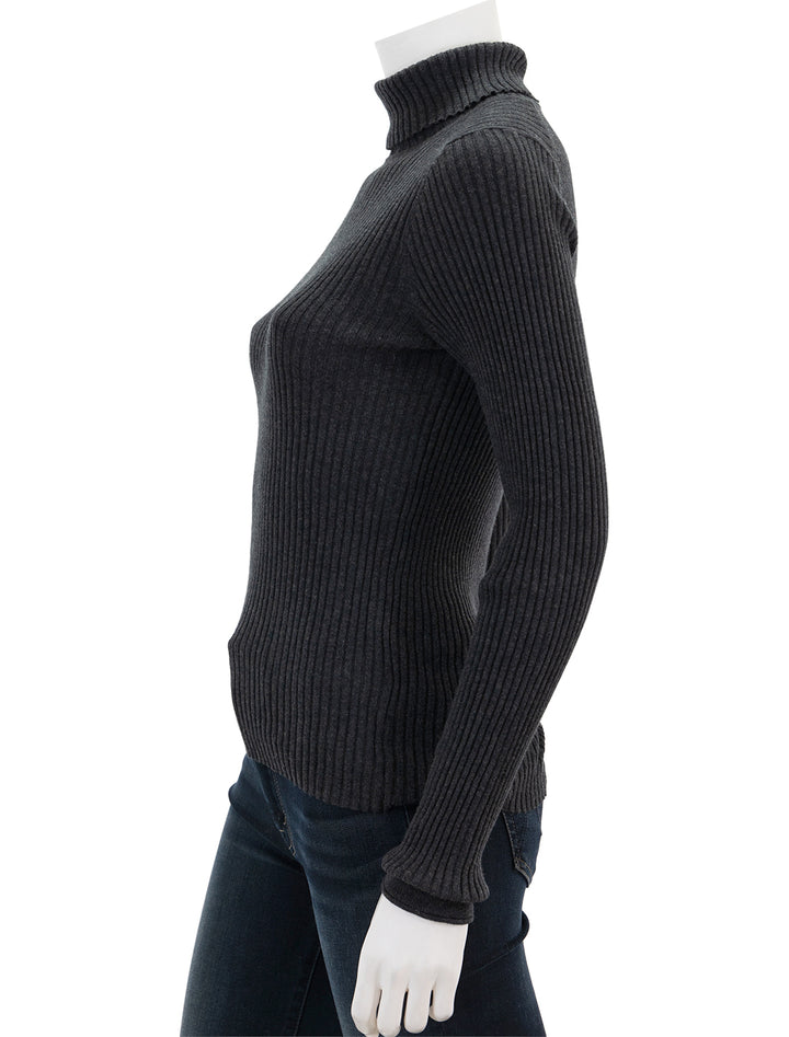 Side view of Alex Mill's cristy ribbed turtleneck in charcoal.