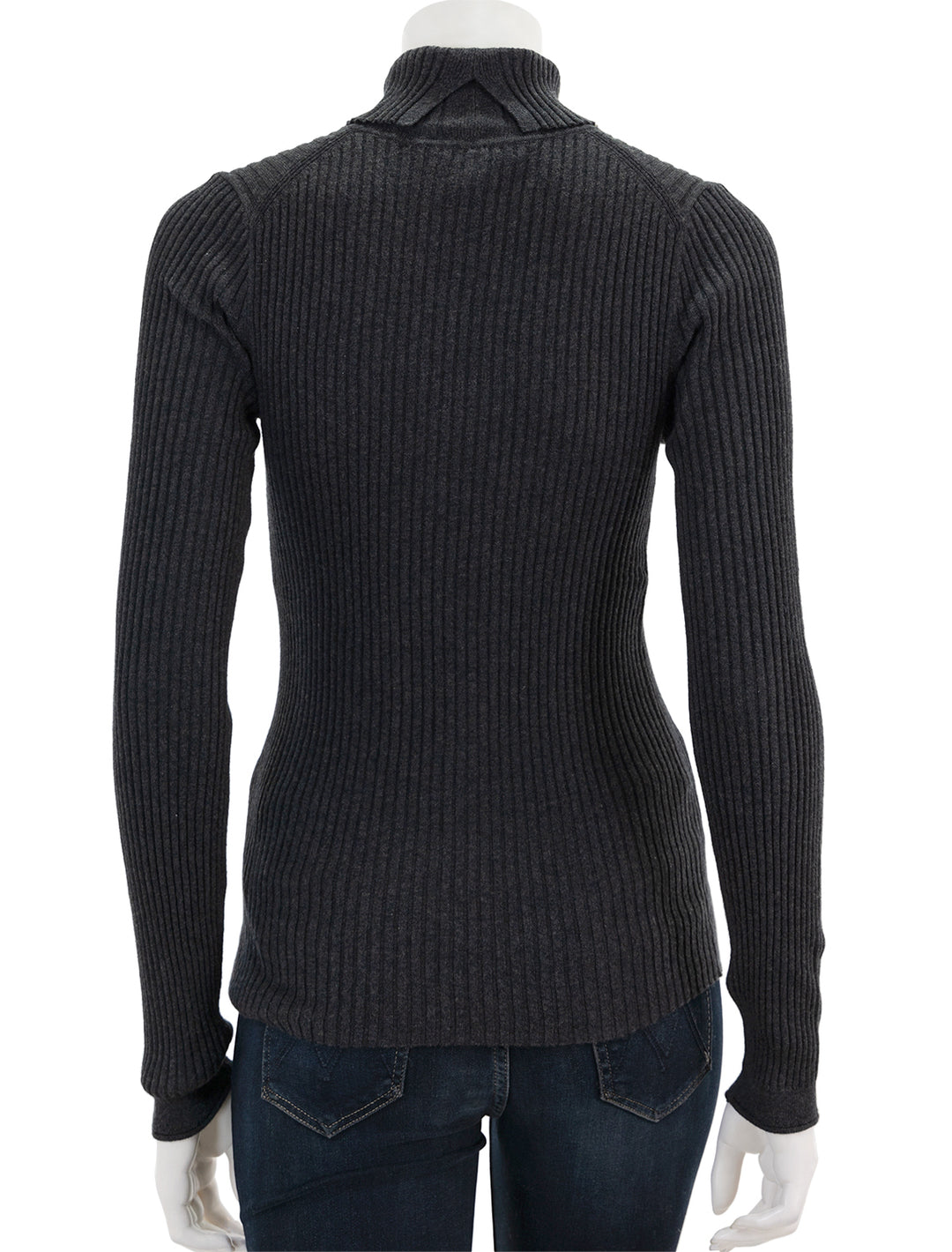 Back view of Alex Mill's cristy ribbed turtleneck in charcoal.