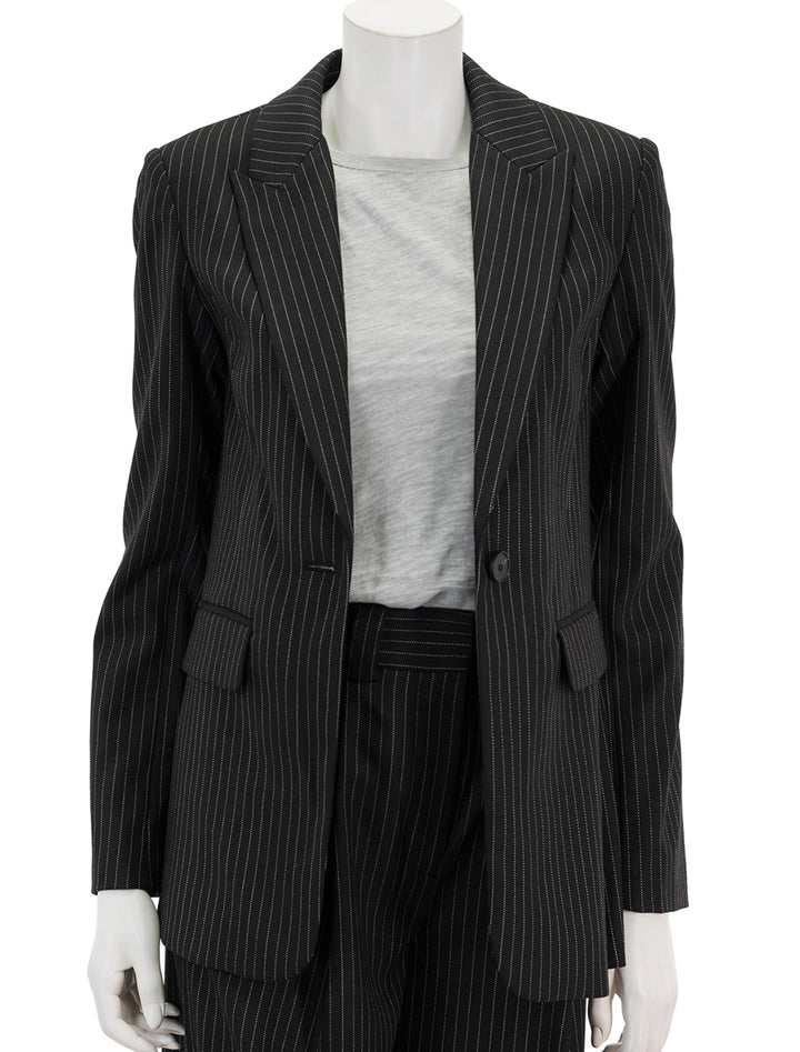 Front view of Saint Art's jackie blazer in charcoal pinstripe, unbuttoned.