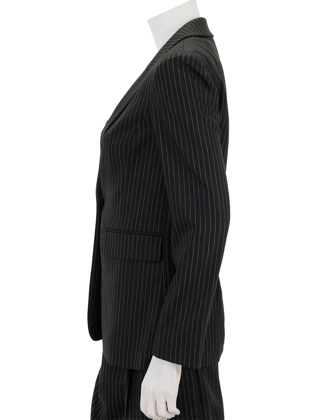 Side view of Saint Art's jackie blazer in charcoal pinstripe.