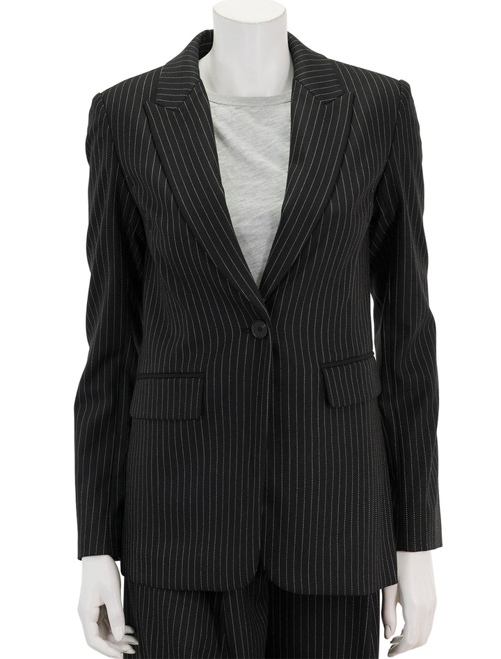 Front view of Saint Art's jackie blazer in charcoal pinstripe, buttoned.