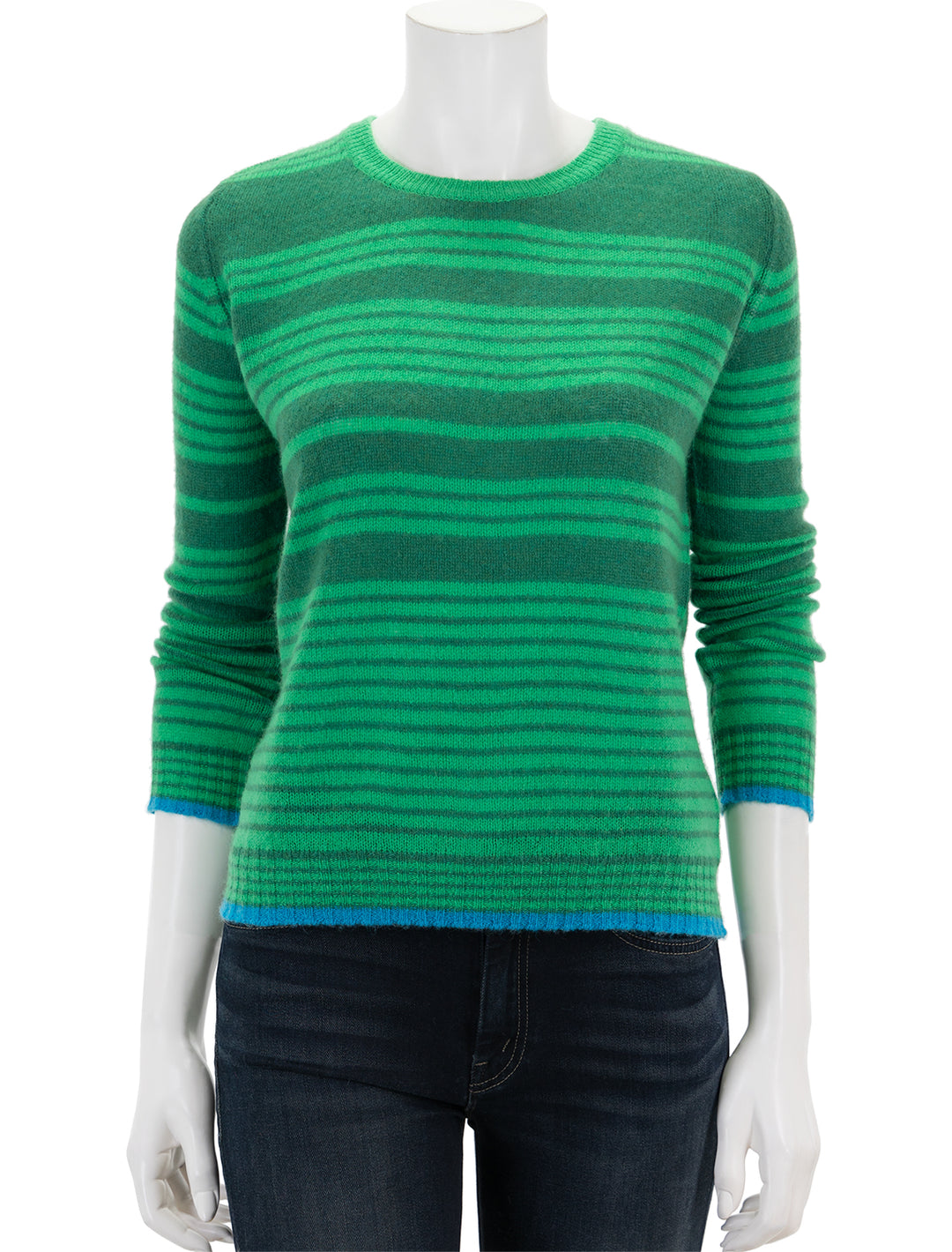 Front view of Jumper 1234's ticking stripe crew in grass green.