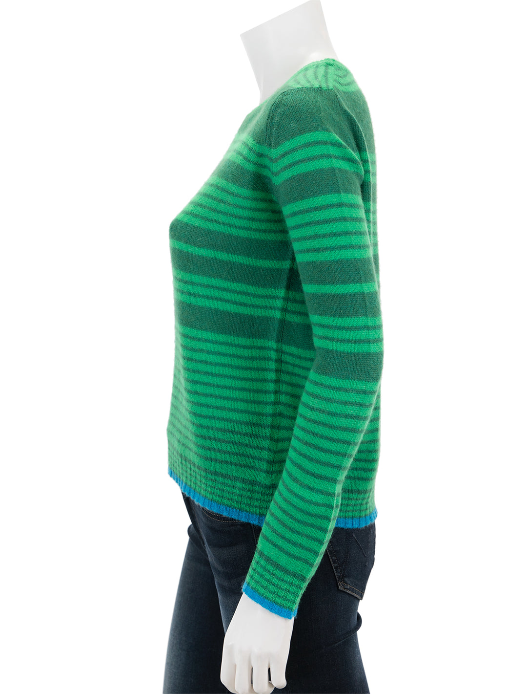 Side view of Jumper 1234's ticking stripe crew in grass green.