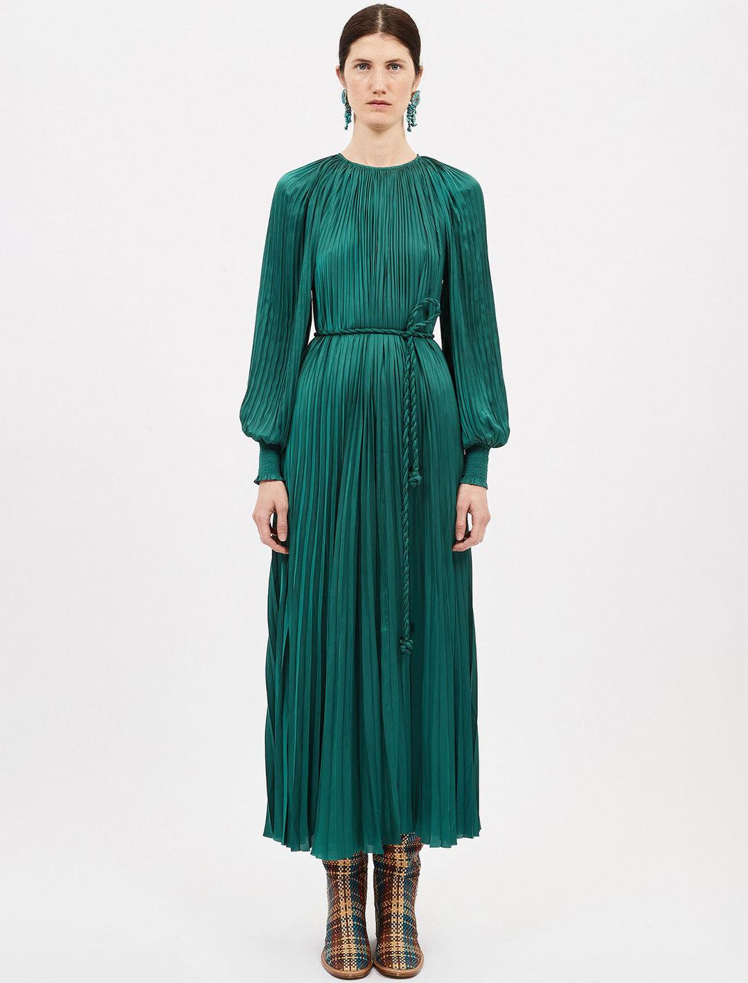 Model wearing Ulla Johnson's zora dress in jadeite.