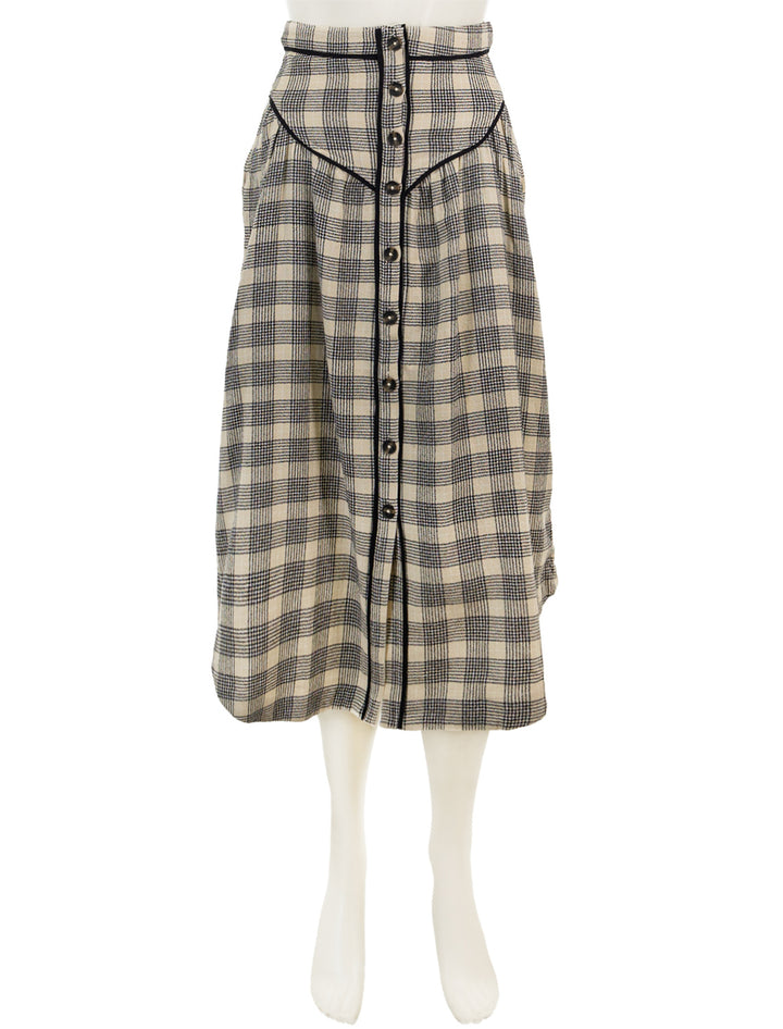 Front view of Mother Denim's the out skirts in black and cream plaid.