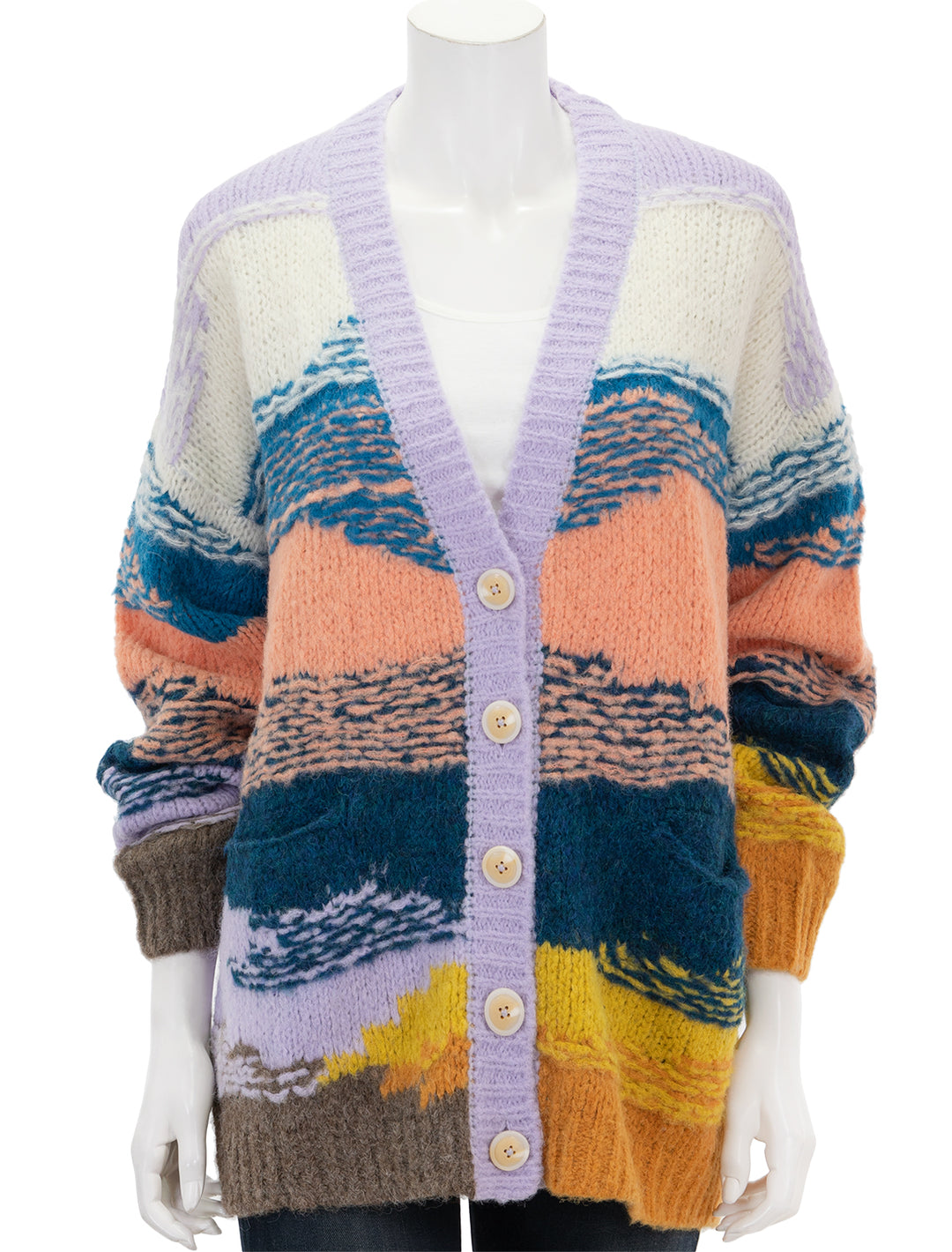 Front view of Mother Denim's the long drop cardigan in mountain high.