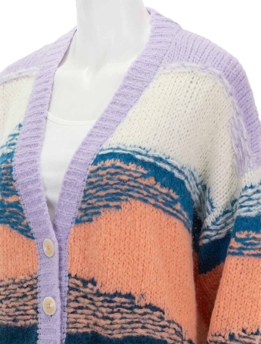 Close-up view of Mother Denim's the long drop cardigan in mountain high.