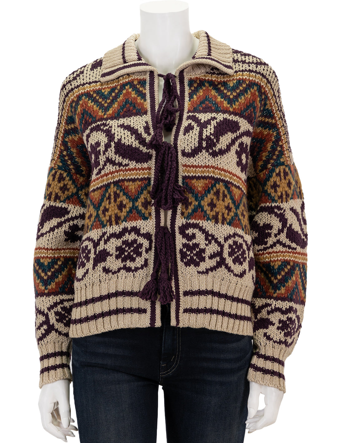 Front view of Mother Denim's the family ties cardigan in head over boots.