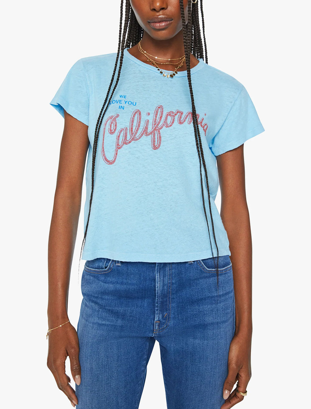 Model wearing Mother Denim's the california love sinfull tee.