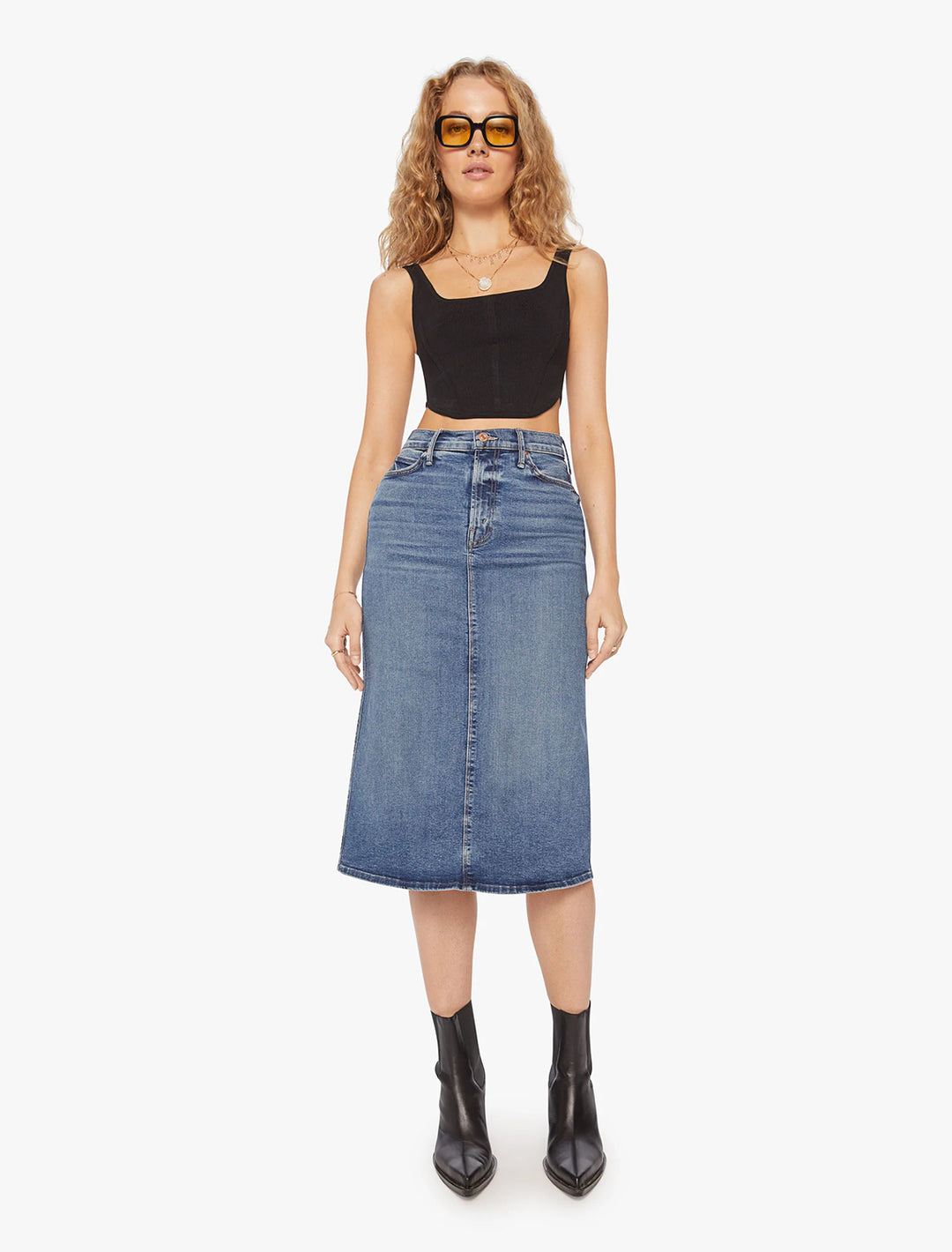 model wearing swooner straight a midi skirt in going full circle