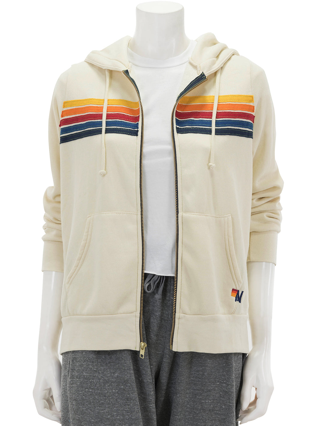 Front view of Aviator Nation's 5 stripe zip hoodie in vintage white, unzipped.