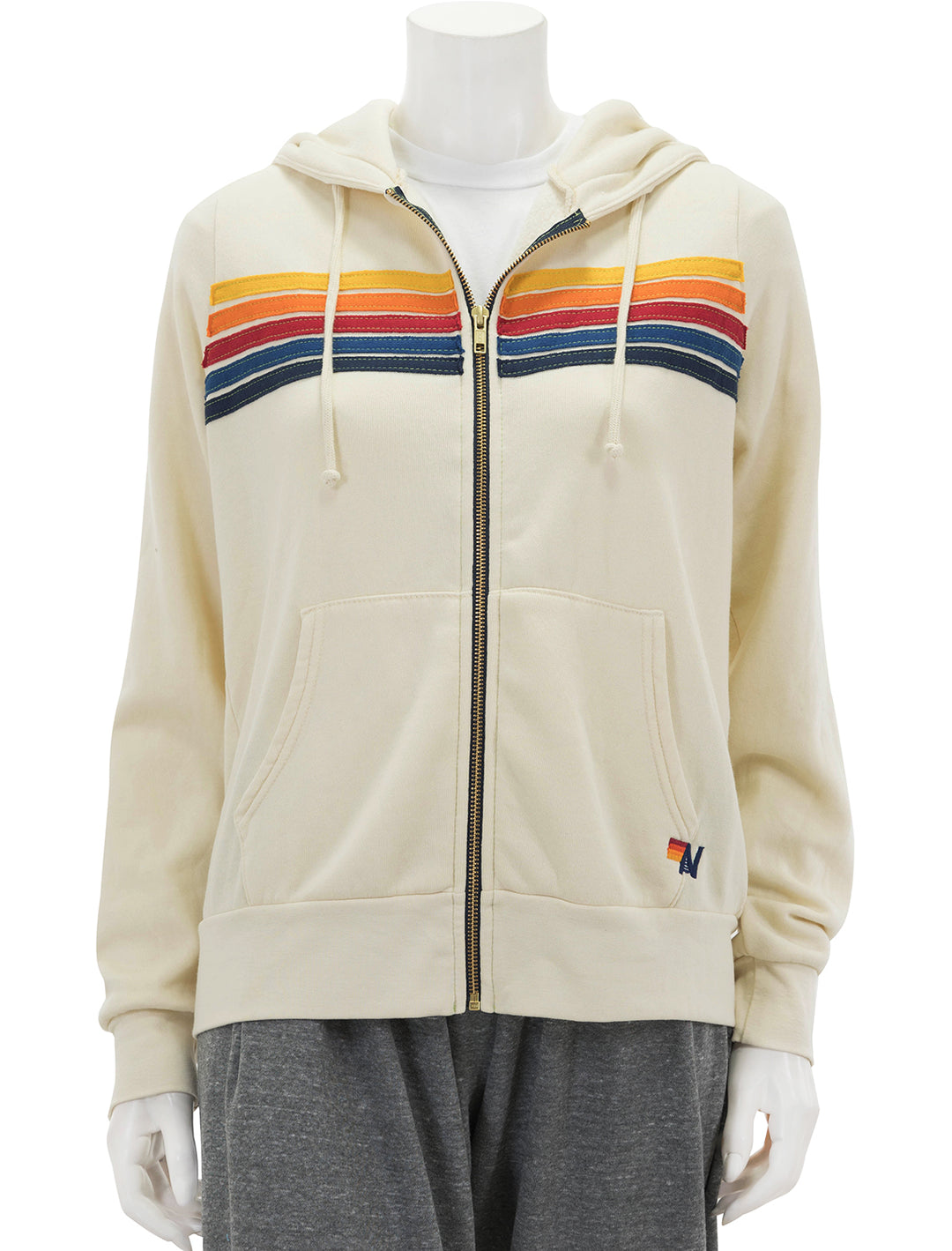 Front view of Aviator Nation's 5 stripe zip hoodie in vintage white, zipped.