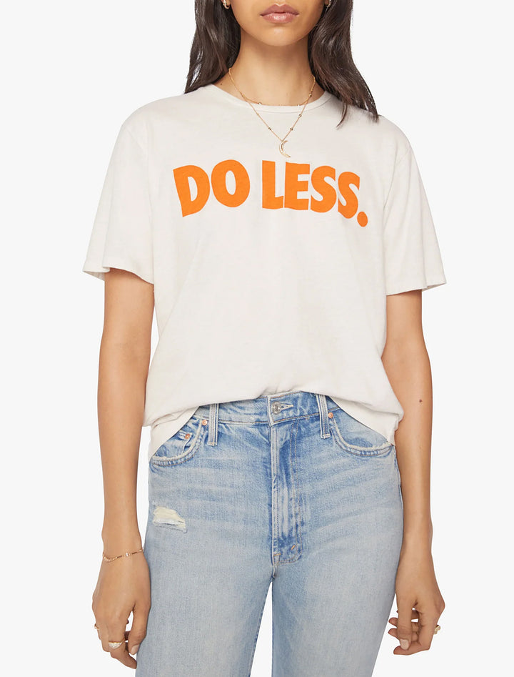 Model wearing Mother Denim's the do less rowdy tee.
