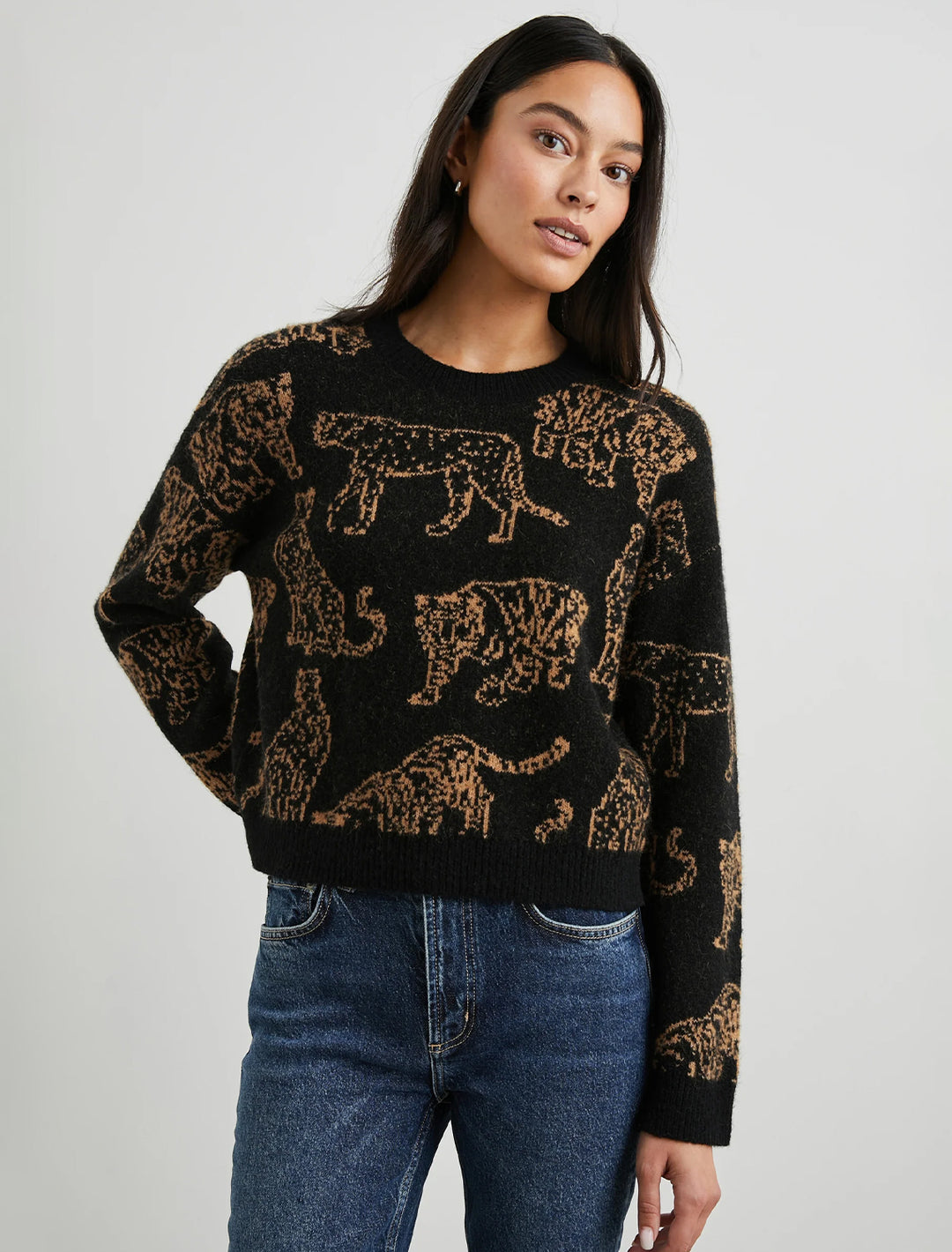 Model wearing Rails' perci pullover in camel wild cats.