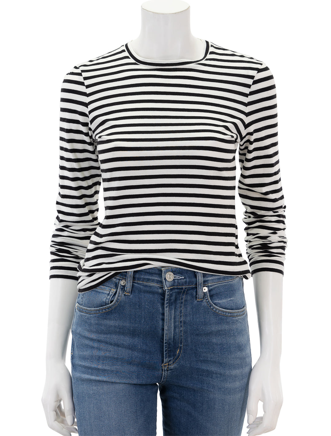 Front view of Nili Lotan's susana long sleeve tee in black and white stripe.