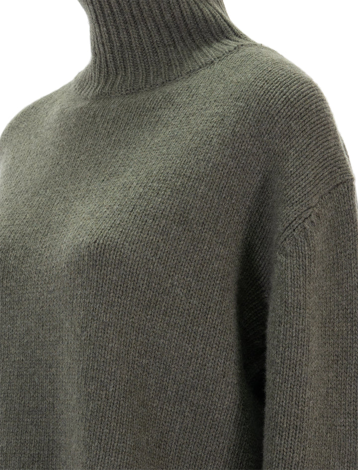 Close-up view of Nili Lotan's omaira sweater in army green.