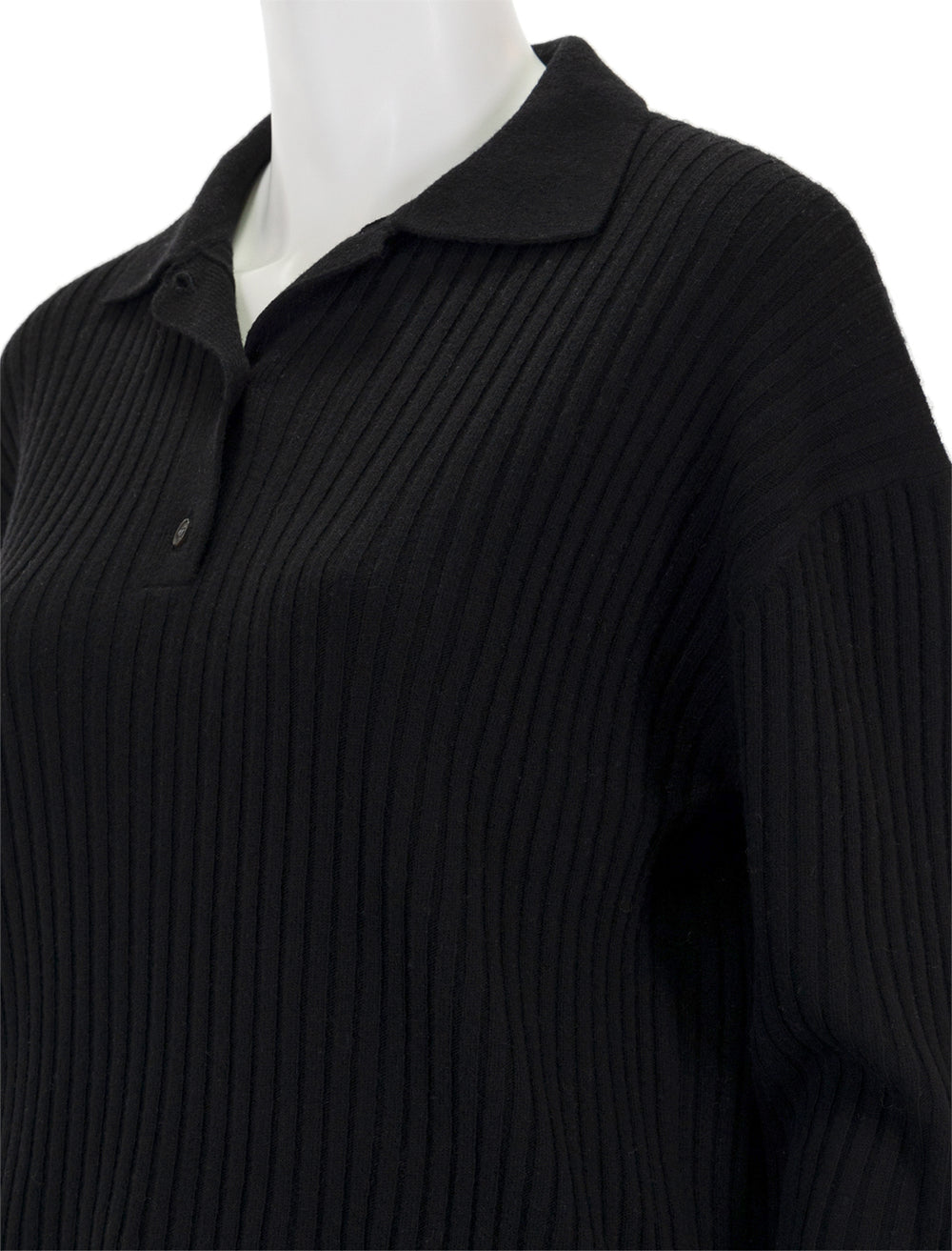 Close-up view of Nili Lotan's ramona polo sweater in black.