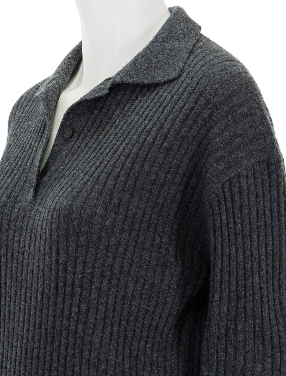 Close-up view of Nili Lotan's ramona polo sweater in dark charcoal melange.