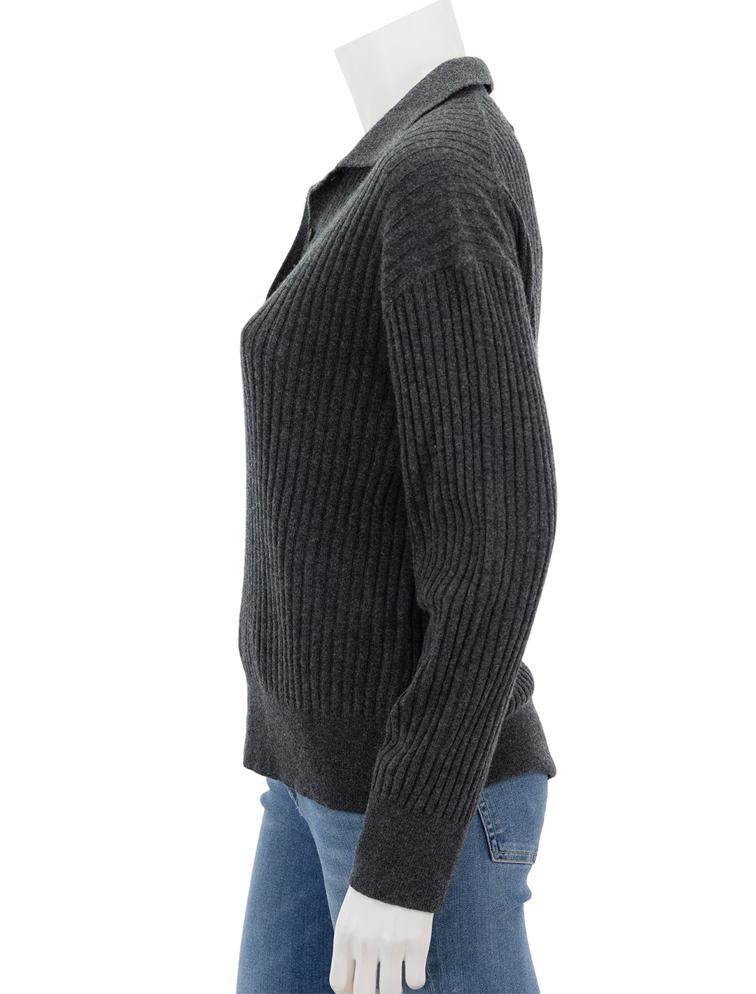 Side view of Nili Lotan's ramona polo sweater in dark charcoal melange.