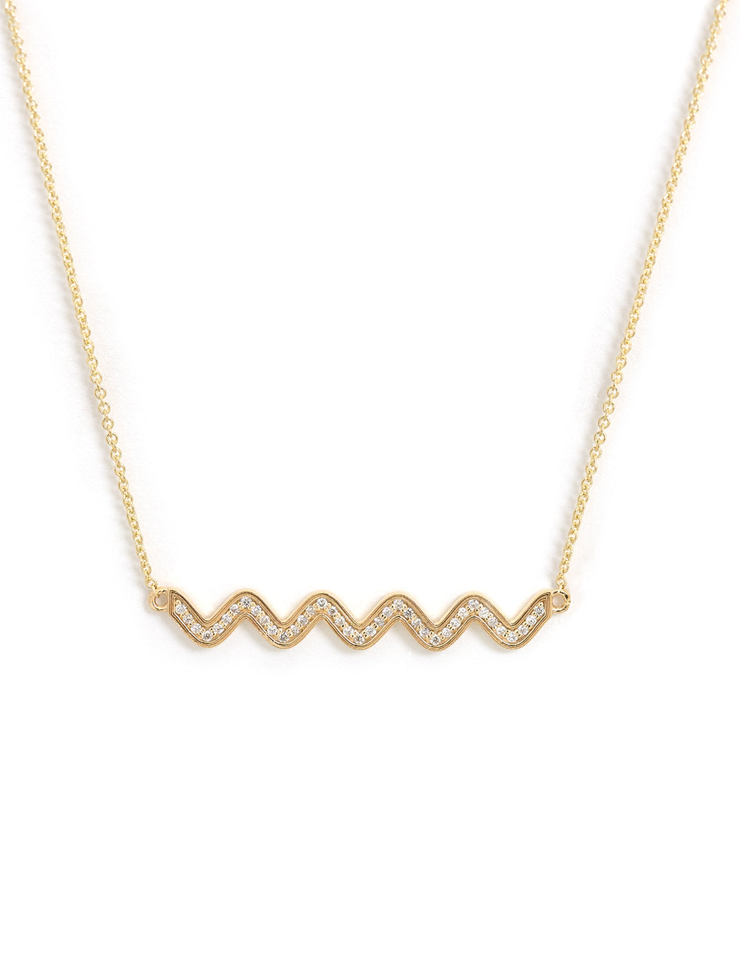 Front view of Sydney Evan's long wavy pave bar necklace.
