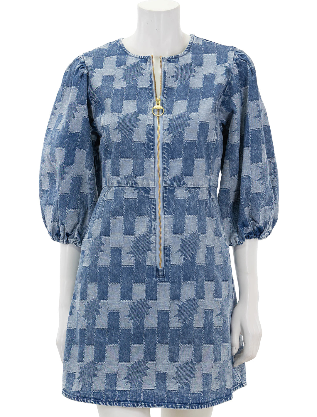 Front view of Barbour's bowhill mini dress in patchwork denim.
