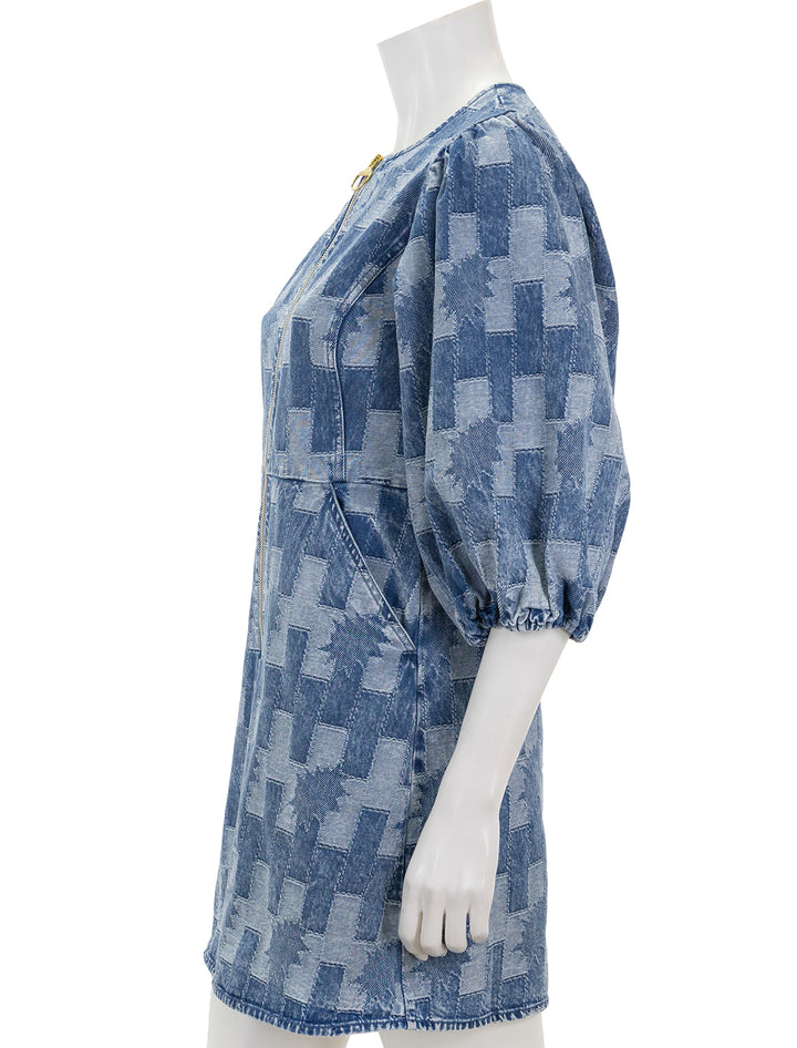 Side view of Barbour's bowhill mini dress in patchwork denim.