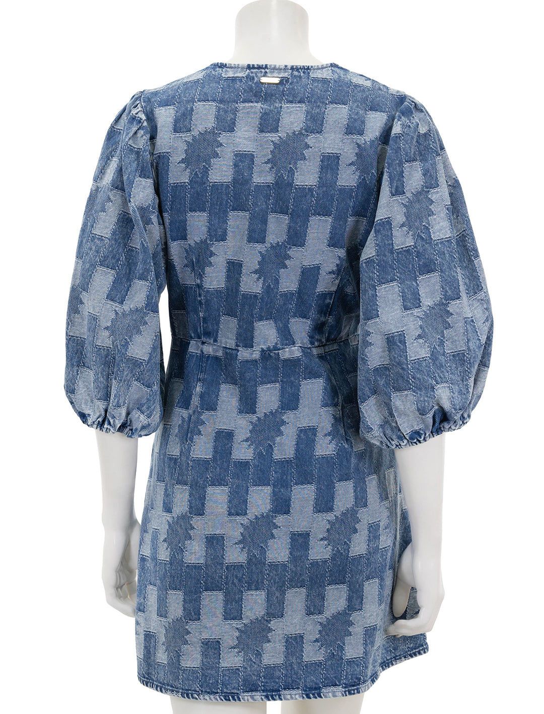 Back view of Barbour's bowhill mini dress in patchwork denim.
