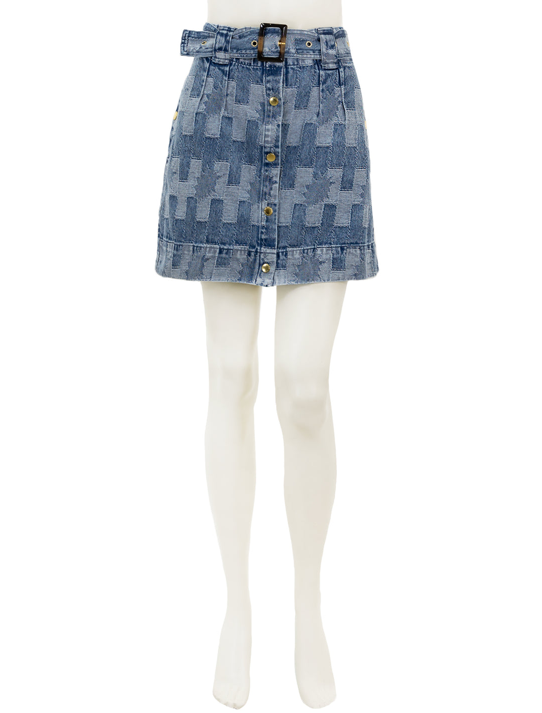 Front view of Barbour's bowhill mini skirt in patchwork denim.