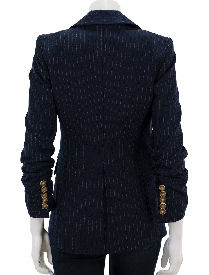 Back view of Veronica Beard's battista dickey jacket in navy pinstripe.