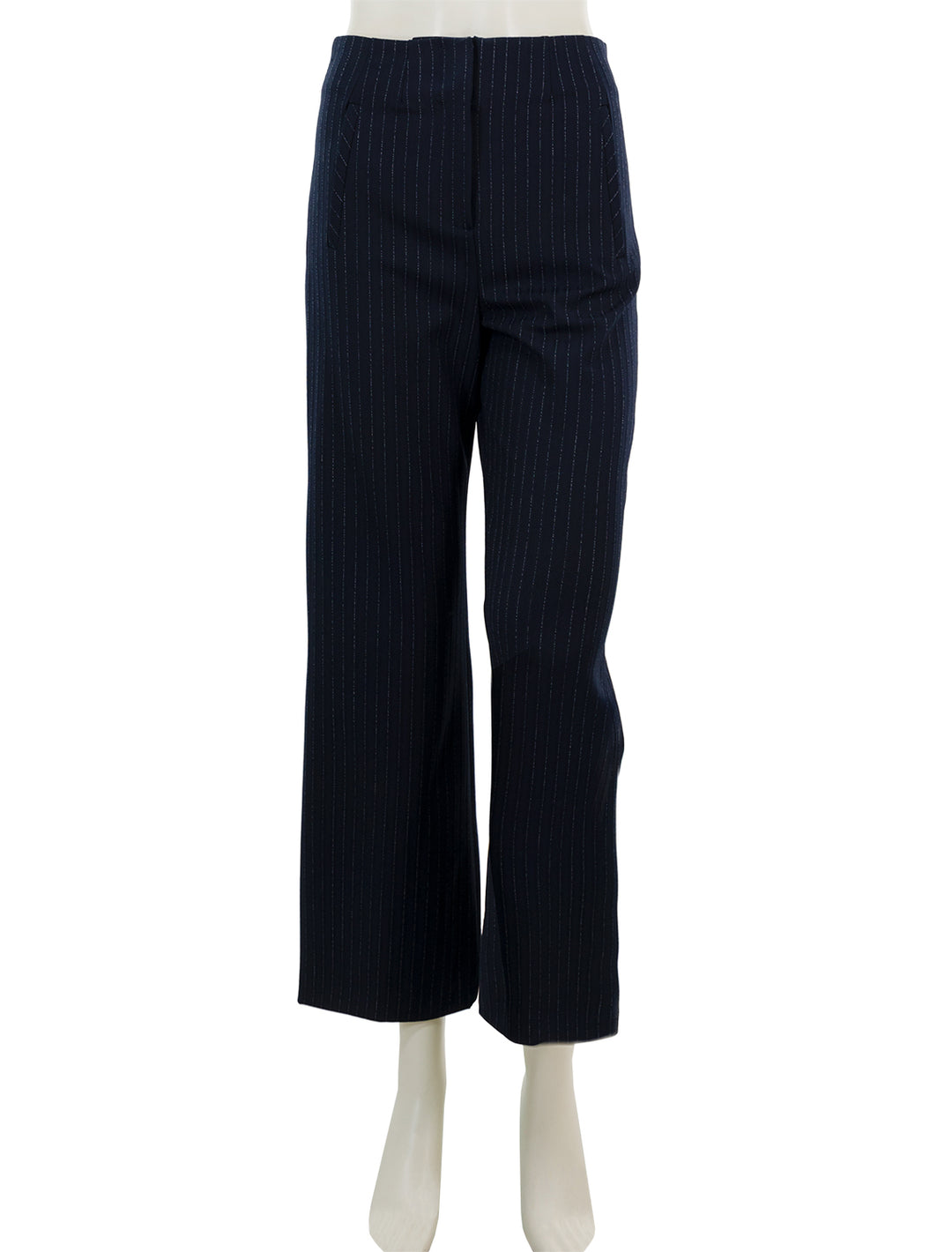 Front view of Veronica Beard's dova pant in navy pinstripe.