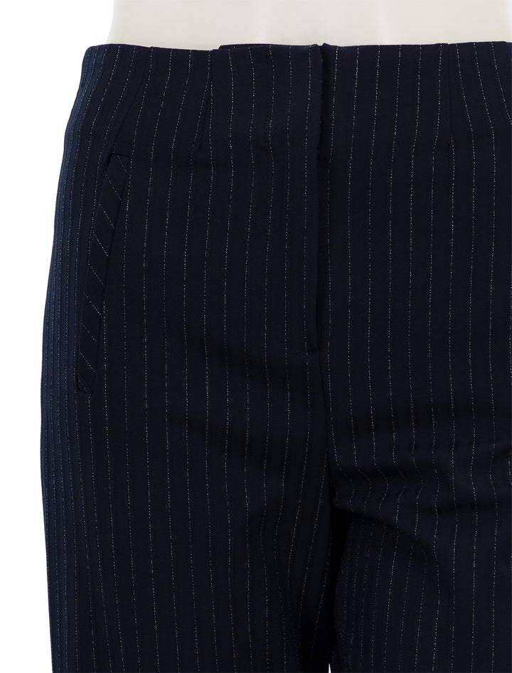 Close-up view of Veronica Beard's dova pant in navy pinstripe.