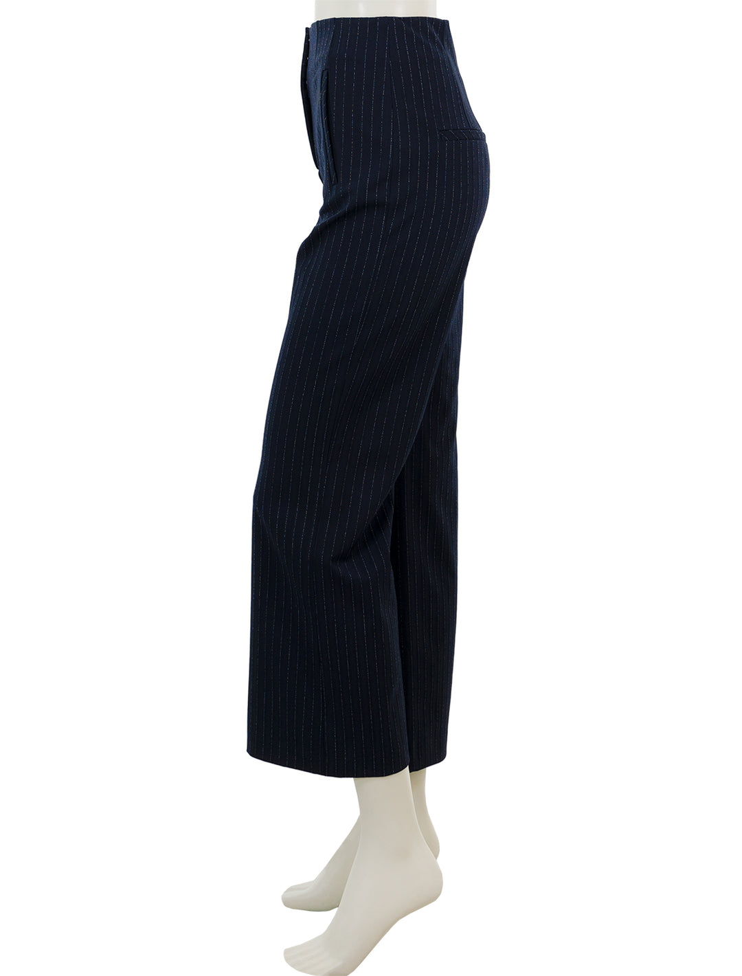 Side view of Veronica Beard's dova pant in navy pinstripe.