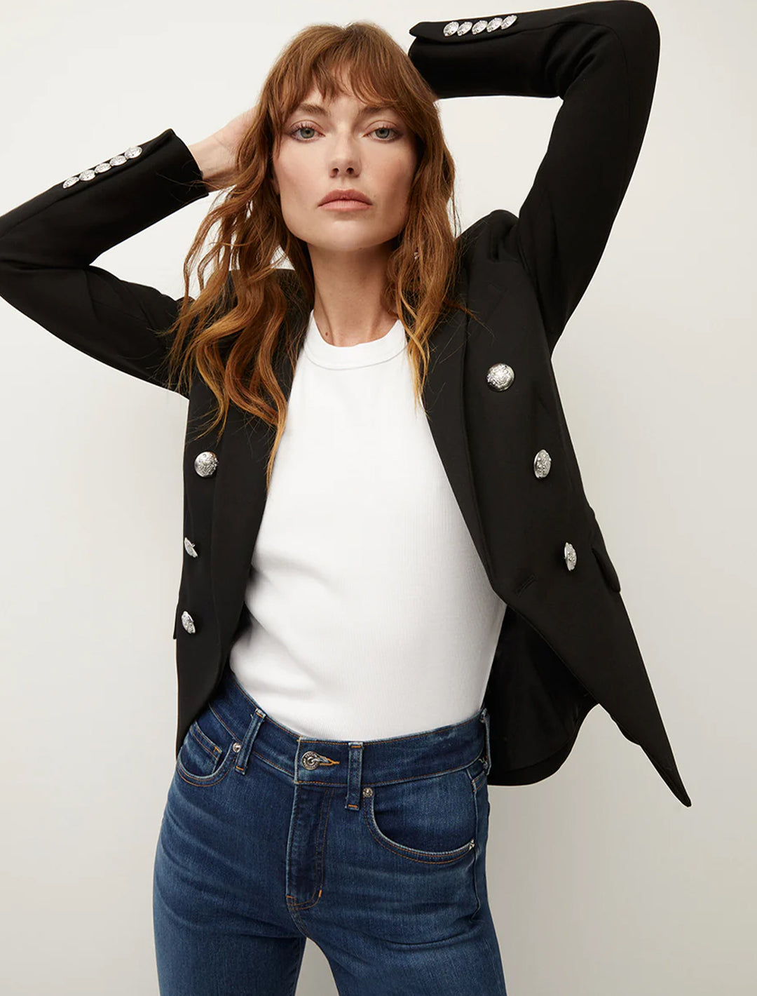 Model wearing Veronica Beard's miller dickey jacket.