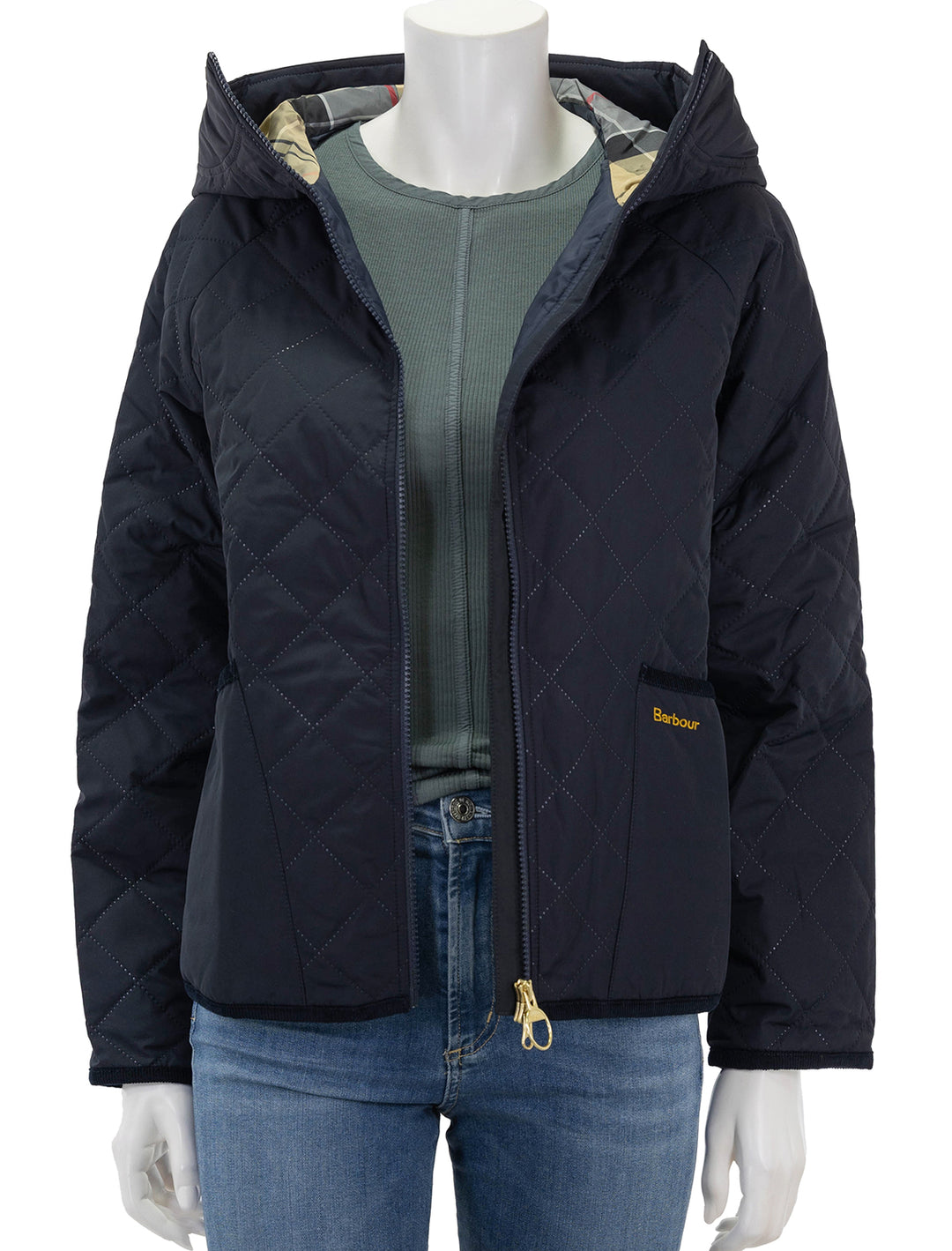 Front view of Barbour's glamis quilt jacket in dark navy, unzipped.