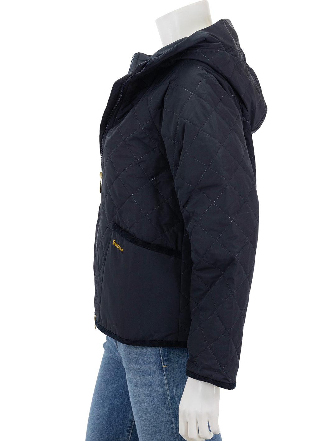 Side view of Barbour's glamis quilt jacket in dark navy.