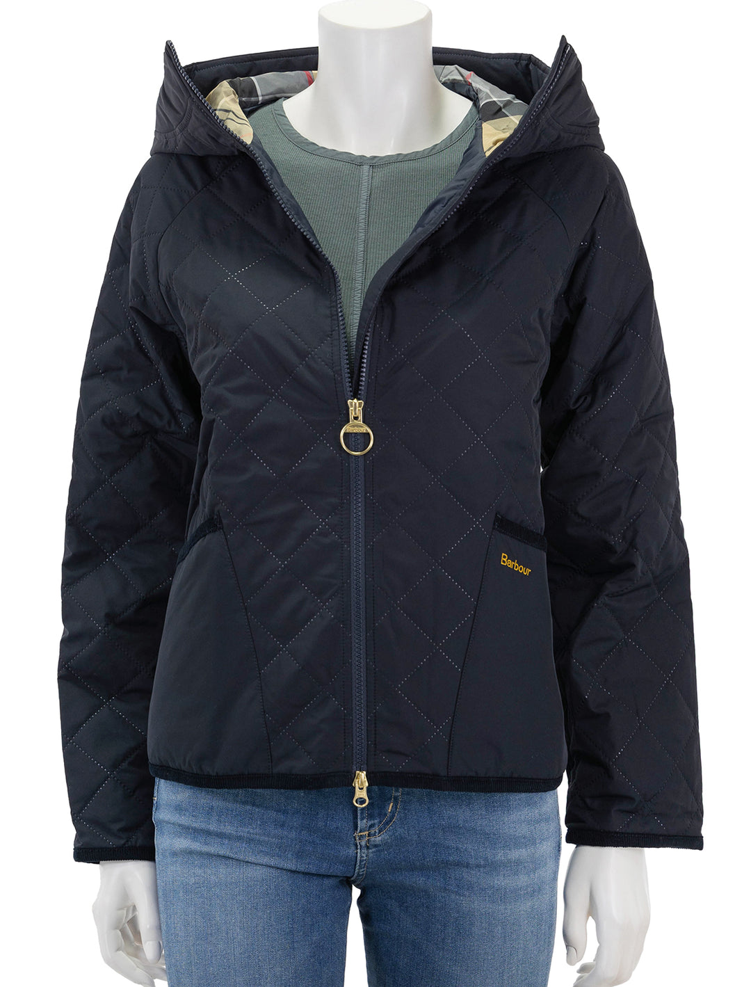 Front view of Barbour's glamis quilt jacket in dark navy, zipped.