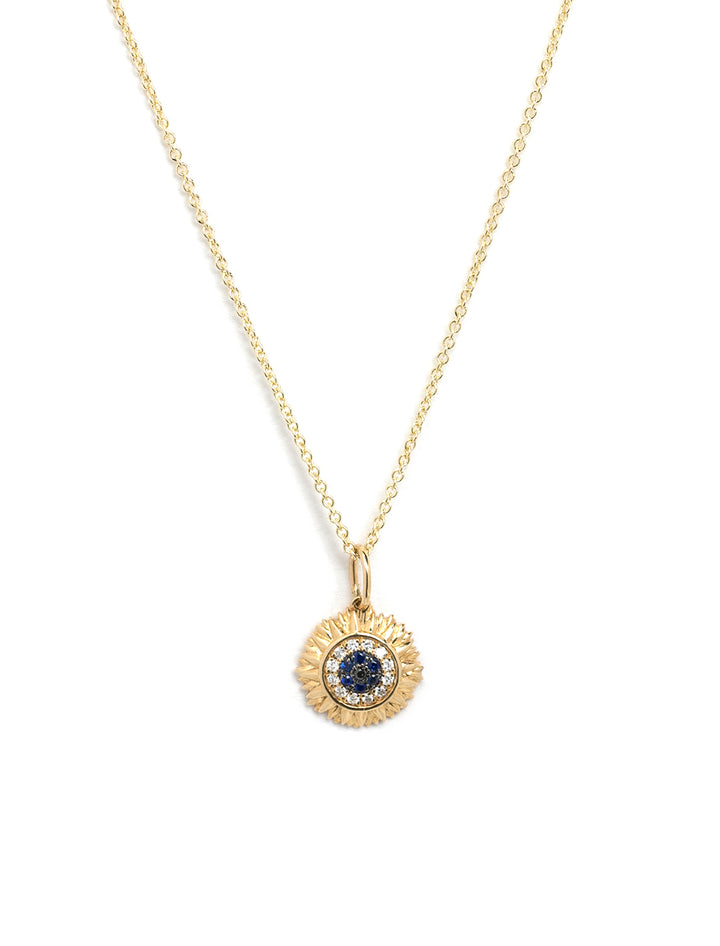 Front view of Sydney Evan's pave sunflower charm necklace with sapphire and diamond.