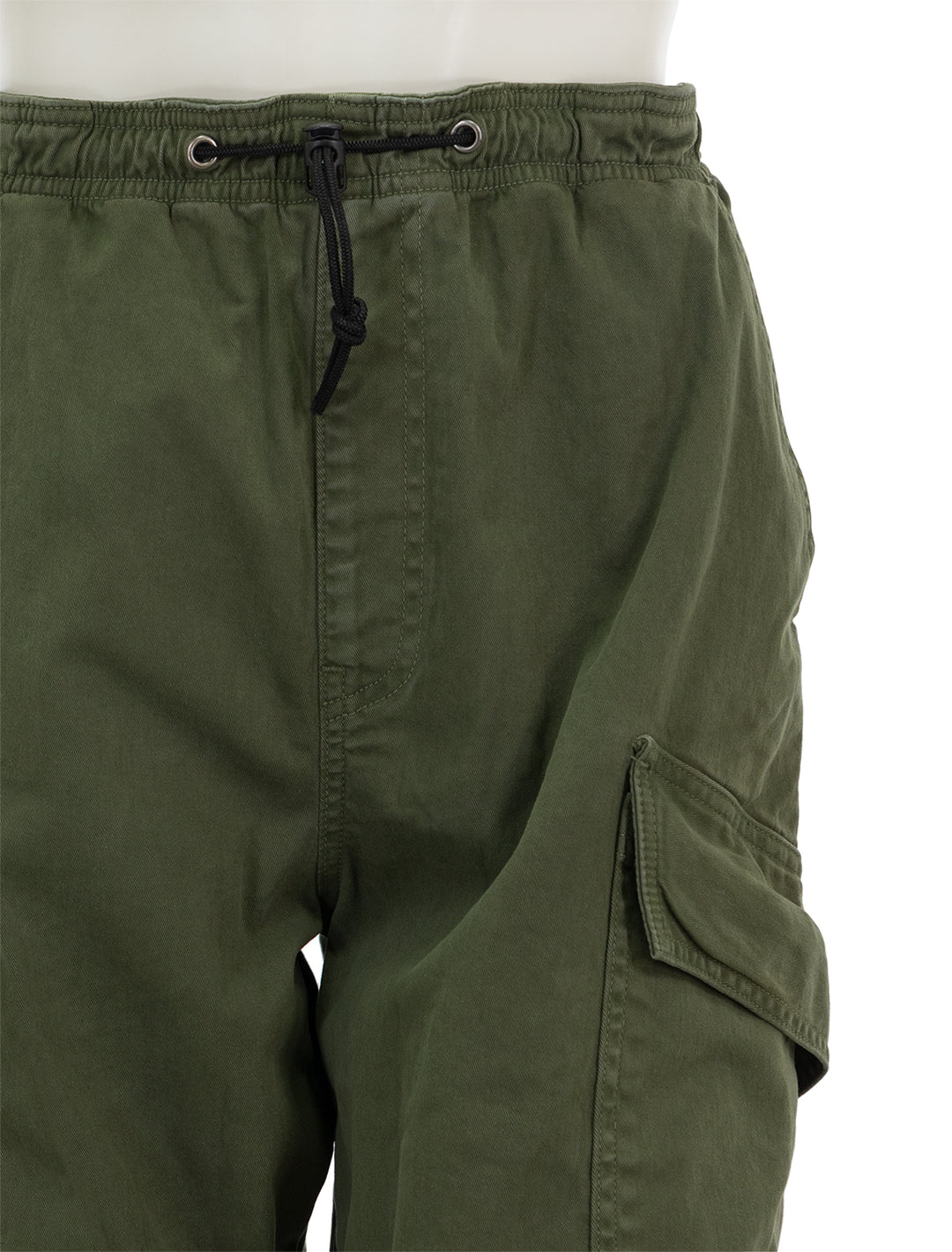 Close-up view of ASKK NY's parachute pant in fatigue.